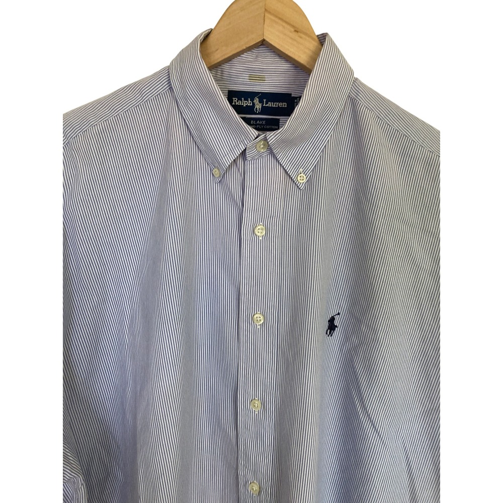 Ralph Lauren Blake Mens Large Blue White Stripe Two-Ply Cotton Button Down Shirt